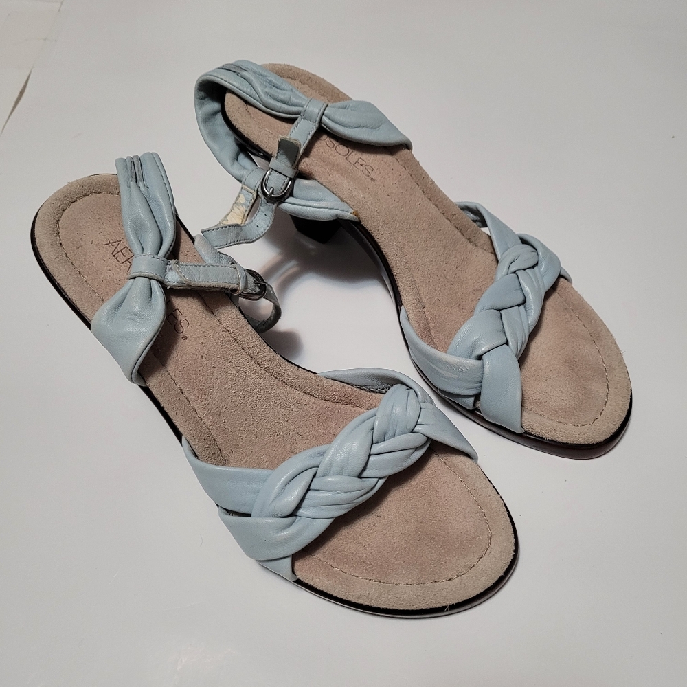 Blue teal leather braided sandals kitten heels